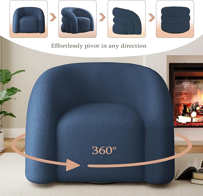 34.6" W Mordern Swivel Accent Chair,Sherpa Round Upholstered Boucle 360° Swivel Armchair for Living Room,Comfy No Assembly Sofa Chair for Bedroom Reading Apartment Lounge(Navy Blue)