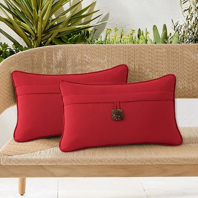 Outdoor Sunbrella Decorative Pillows with Coconut Button Pack of 4, 20" x 12" Outdoor Pillow Set for Couch Bed Throw Patio Sofa, Canvas Jockey Red