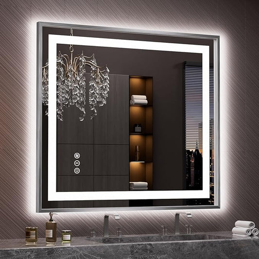 Amorho 40" X36" LED Bathroom Mirror, Brushed Nickel Framed Mirror with Front Light and Backlit, Stepless Dimmable, Anti-Fog, Shatter-Proof, Memory, 3 Colors