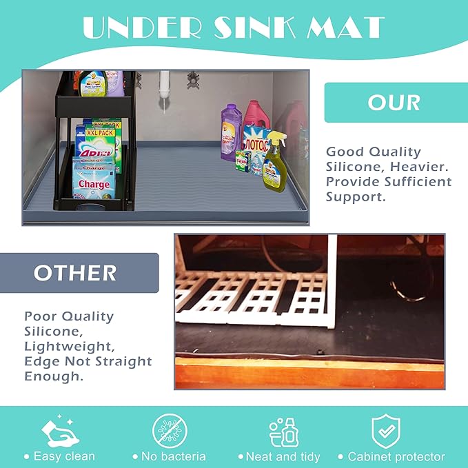 URMONA Waterproof Silicone Under Sink Mat 28'' x 22'' Shelf Liner for Kitchen and Bathroom, Cabinet and Counter Protector, Storage and Organizers, Litter Mat, Pet Cat Puppy Essentials(Cream)