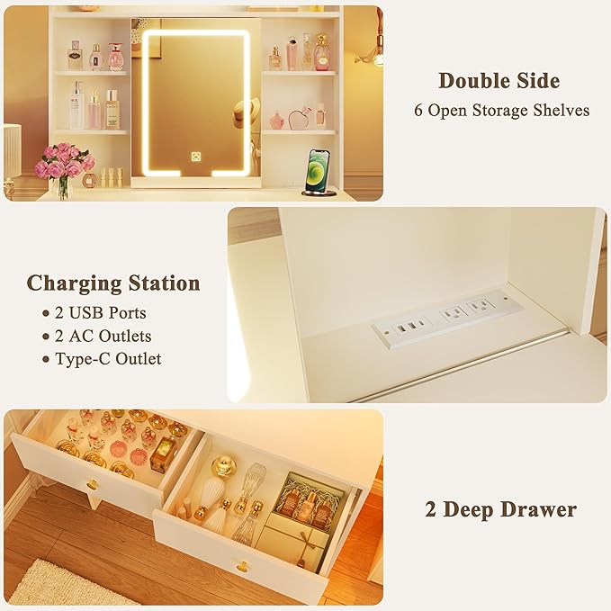Vanity Desk with Mirror and Lights, 31" Makeup Vanity Desk with Lights 3 Colors, Small Vanity with 2 Storage Drawers & 6 Shelves for Girls Women Bedroom, White