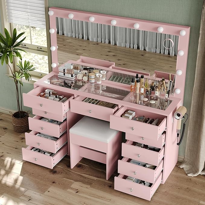 Vanity Desk, 11 Drawers Makeup Vanity with Power Outlet, Vanity Table with Mirror and Lights, 3 Color Lighting Modes, Dressing Table for Bedroom (Pink)