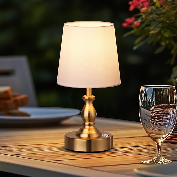 PARTPHONER Mini Cordless LED Table Lamp, 5200mAh Rechargeable Battery Operated Lamp, 3-Level Brightness, Touch Dimmable Desk Lamp, Bedside Night Light for Patio Camping Restaurant Home, Antique Brass