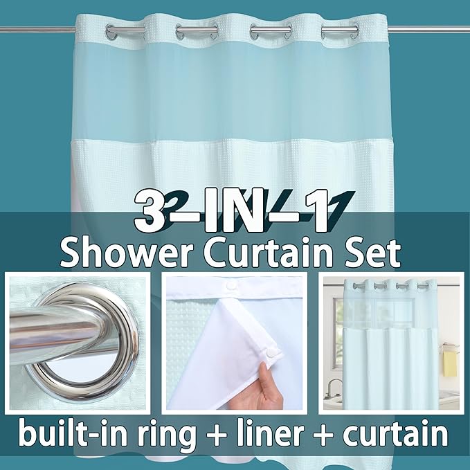 Extra Long No Hook Waffle Weave Shower Curtain with Snap in Liner Set, Hotel Luxury Blue Shower Curtains for Bathroom with See Through Top Window, Waterproof, Washable 71W x 84H
