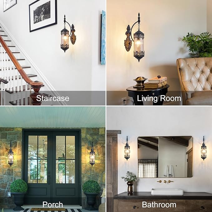 Rustic Wall Sconce with Amber Glass Mini Vintage Antique Gothic Wall Light Fixture Retro Farmhouse Mid Centry Lantern Wall Sconce for Bedroom, Hallway, Living Room, Mirror, Black, E12