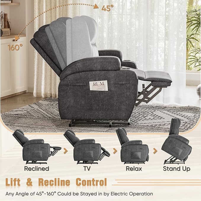 Power Lift Recliner Chair with Massage Electric Lift Chair for Elderly, Ergonomic Recliner with Cup Holders & Side Pockets, Modern Single Sofa for Living Room (Leathaire, Deep Gray)