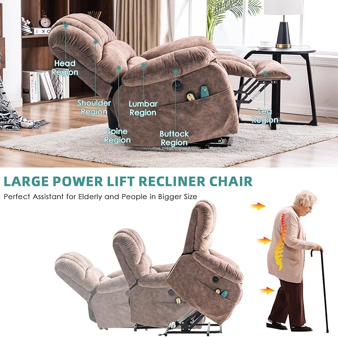MEETWARM Large Power Lift Electric Recliner Chair with Massage and Heat, Overstuffed Wide Recliner for Elderly Big People, Plush Fabric Recliners with 2 Remote Controls, USB Ports, Side Pockets（Brown）