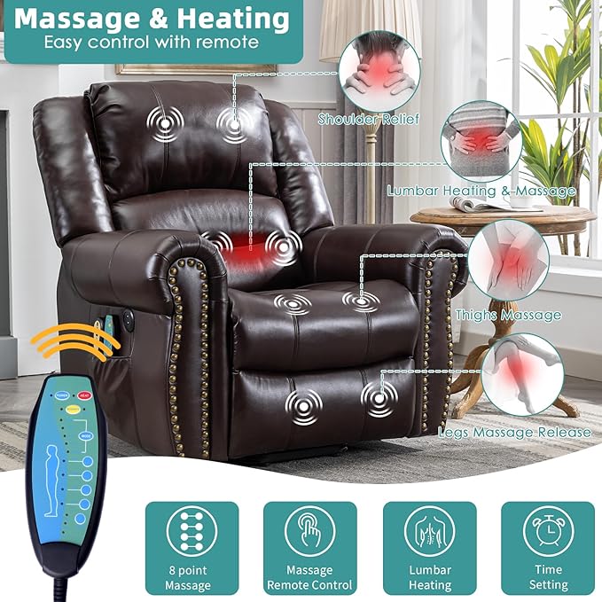MEETWARM Large Power Lift Electric Recliner Chair with Massage and Heat, Overstuffed Wide Recliner for Elderly, Heavy Duty sofa for Living Room with 2 Remote Control/USB Ports/Side Pockets(Dark Brown)