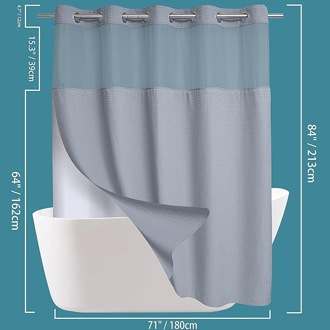 Conbo Mio Extra Long No Hook Waffle Weave Shower Curtain with Snap in Liner Set, Hotel Luxury Grey Shower Curtains for Bathroom with See Through Top Window, Waterproof, Washable 71W x 84H