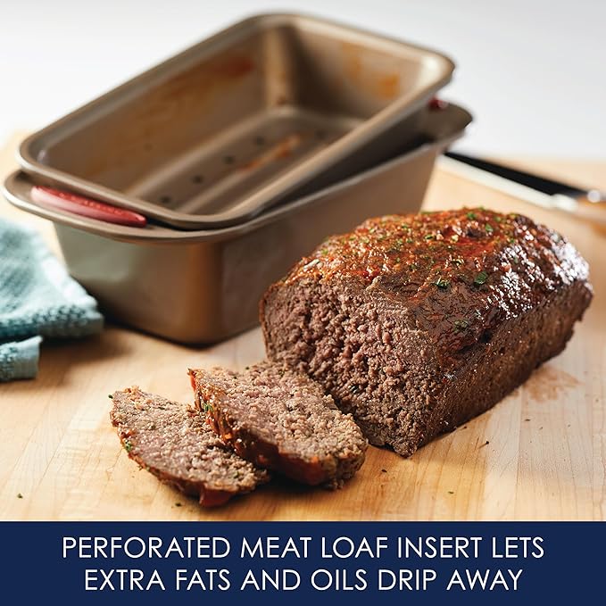 Rachael Ray Cucina Nonstick Bakeware Set Baking Cookie Sheets Cake Muffin Bread Pan, 10 Piece, Latte Brown with Cranberry Red Grips