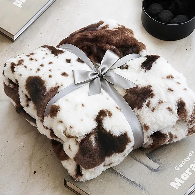Ultra Plush Bubble Faux Rabbit Fur Blanket – 950GSM Thick Fluffy Throw Blanket for Bed, Couch, Sofa, or Gift, 60" × 80", Brown Cow