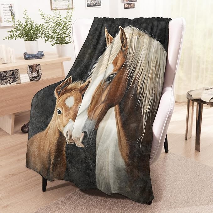 Gentle Horse Blanket, Cozy Flannel Mare and Pony Portrait Throw Blanket for Couch Outdoor, Plush Soft Lightweight Travel Pretty Horses Blankets for Bed Decor and Gifts, for Women Kids 60"x80"