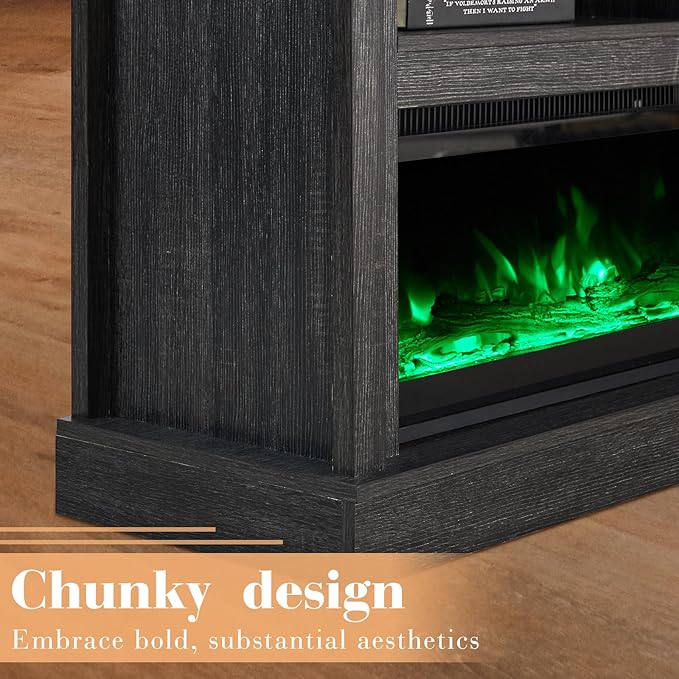 75” Fireplace TV Stand with 60” Electric Fireplace, Chunky Entertainment Center with Wood Grain, Color Clash Entertainment Stand for TVs up to 85”, Black&Brown