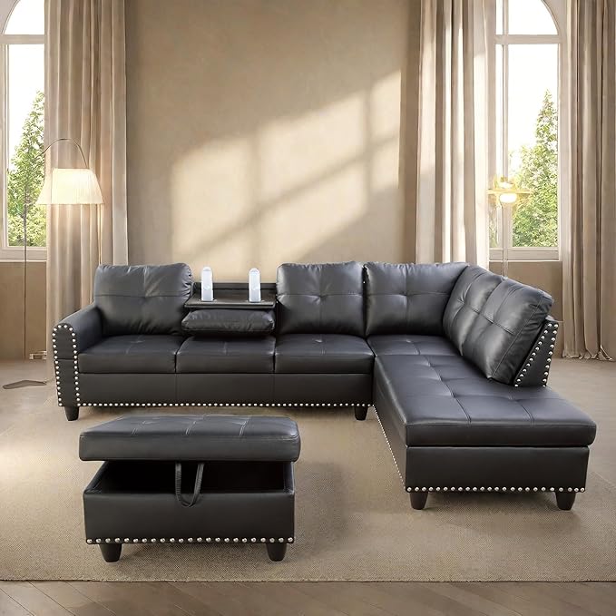 L Shaped Sectional Sofa with Ottoman, Nail-Head Design Leather Right Facing Modern Couches with Cup Holder for Living Room, Bedroom, Office, Black Leather