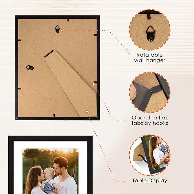 FIXSMITH 8x10 Picture Frame Set of 6, Photo Frame Bulk with HD Plexiglass, Display Pictures 5x7 with Mat or 8x10 Without Mat Multi Picture Frames Collage for Tabletop or Wall Display, Black