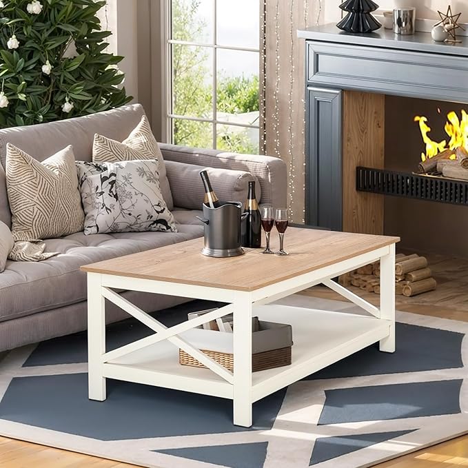 ALPHA HOME Coffee Table with Storage, Farmhouse Coffee Tables for Living Room 2-Tier Modern Coffee Table, Ivory