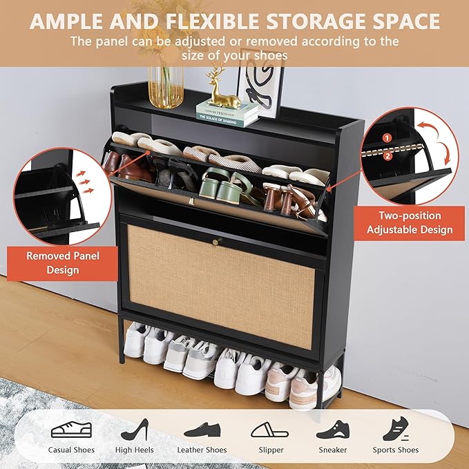 LEVNARY Shoe Cabinet for Entryway, Black Slim Shoe Cabinet with 2 Flip Drawers Narrow Shoe Storage Cabinet, 2 Tier Freestanding Shoe Organizer for Entryway, Hallway, Living Room (2, Black)