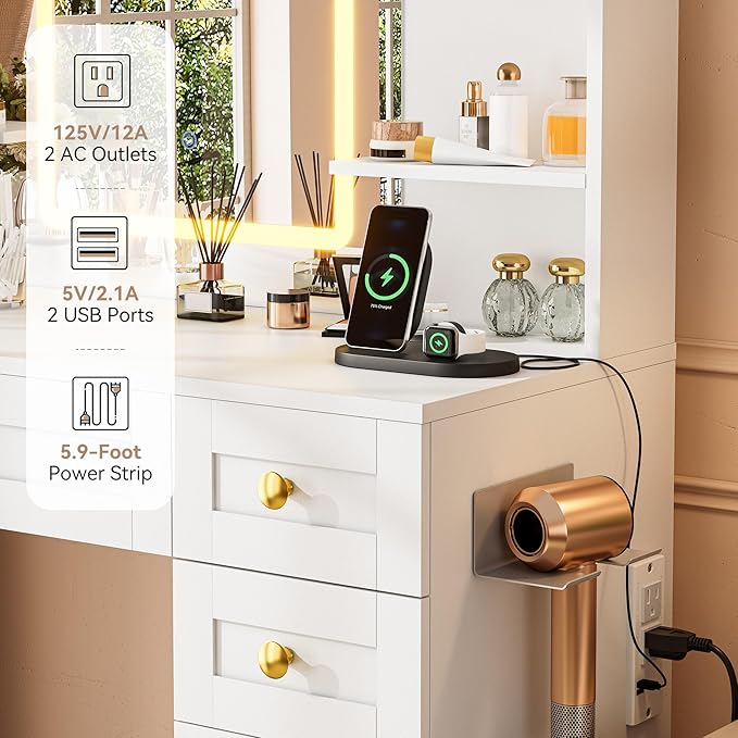 KAMABOKO Vanity Desk with Mirror & RGB Lights & Power Outlet, Large Makeup Vanity Table with 5 Drawers and 4 Storage Cabinets, Dressing Table for Bedroom Dressing Room (White)