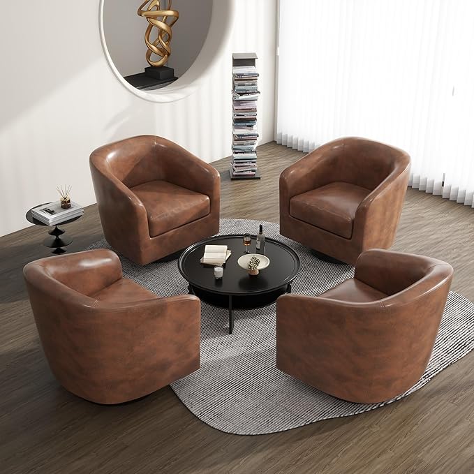 UIXE 360° Swivel Barrel Accent Chair Armchair, PU Leather Round Club Arm Chair for Lving Room, Modern Upholstered Small Bedroom Single Sofa Seat - Coffee Brown, Set of 4