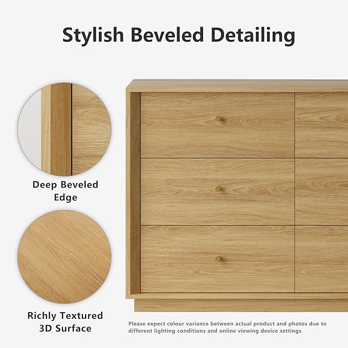 Mid Century Modern Dresser, 6 Drawer Dresser with Storage, 47" Wide Chest of Drawers with Wood Grain Texture, Drawers Organizer for Bedroom, Living Room, Hallway, Gold Oak