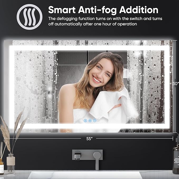 Antok 30"x 55" LED Bathroom Mirror with Lights, Anti-Fog, Dimmable, Lighted Vanity Mirror with Tempered Glass, Memory Function, 3 Light Modes, Safe Use, Horizontal, Vertical
