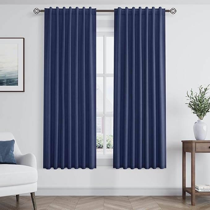 Guken Blackout Curtains 63 Inch Length 2 Panels Set for Living Room Bedroom Back Tab Thermal Insulated 100% Black Out Linen Drapes Room Darkening Window Curtains 63 Inches Long,Classic Blue