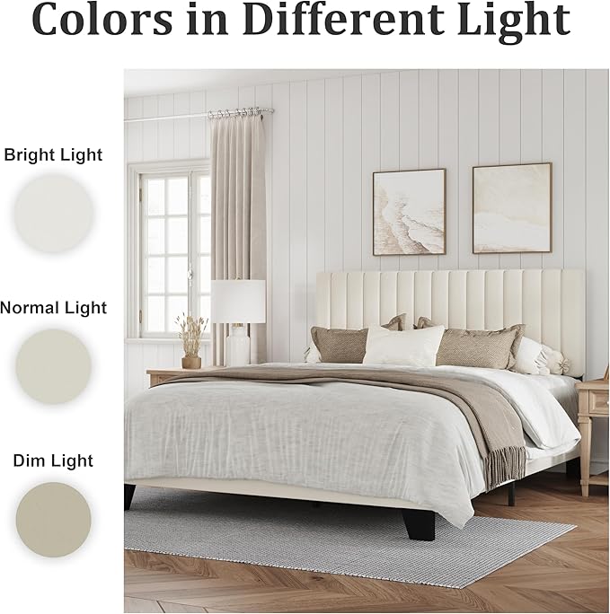 Twin Size Bed Frame, Velvet Upholstered Platform Bed with Adjustable Tufted Headboard, Sturdy Frame and Slats, No Noiseless, No Box Spring Required, Easy Assembly, Beige