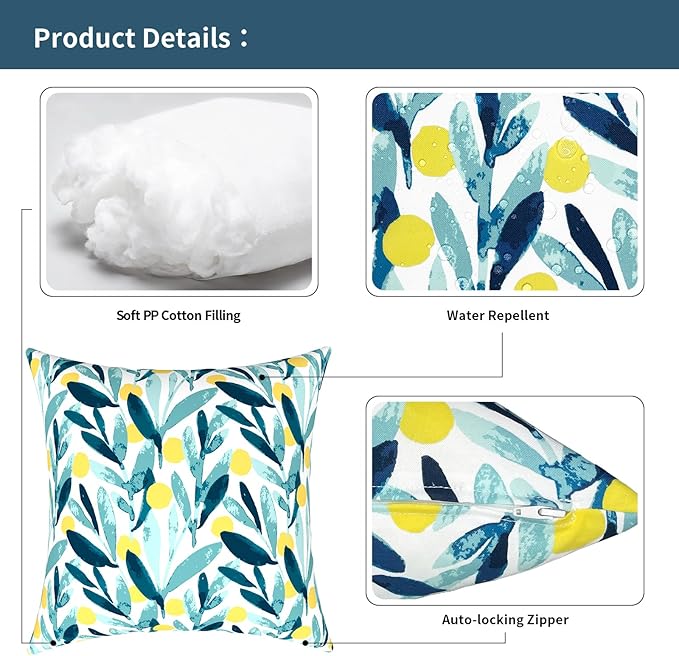 Outdoor Pillows for Patio Furniture 18x18 inch, Square Outdoor Throw Pillows with Inserts, Decorative Toss Pillows for Garden Couch Home Sofa Office Chair, Pack of 2, Leaves Multi