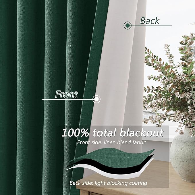 Guken Blackout Curtains 90 Inch Length 2 Panels Set for Living Room Bedroom Back Tab Thermal Insulated 100% Black Out Linen Drapes Room Darkening Window Curtains 90 Inches Long,Emerald Green