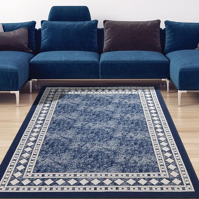 Antep Rugs Alfombras Modern Bordered 4x6 Non-Skid (Non-Slip) Low Profile Pile Rubber Backing Indoor Area Rugs (Navy Blue, 4' x 5'8")