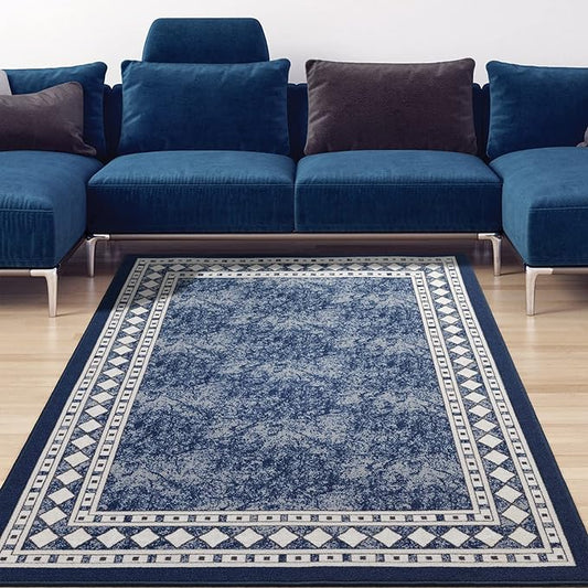 Antep Rugs Alfombras Modern Bordered 5x7 Non-Skid (Non-Slip) Low Profile Pile Rubber Backing Indoor Area Rugs (Navy Blue, 5' x 7')