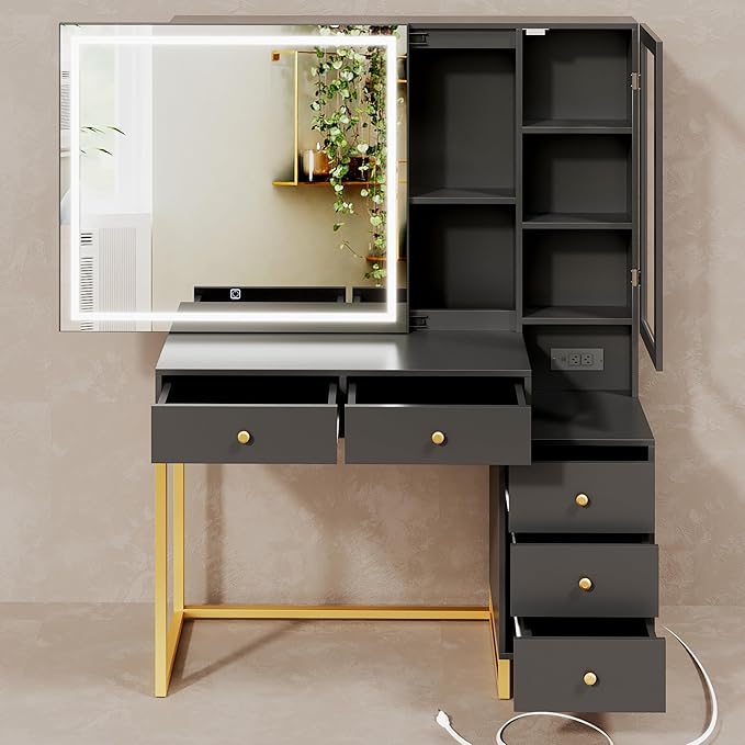 Black Makeup Vanity Desk with Sliding Mirror and LED Lights,Power Outlet&Vanity Stool for Makeup Table,Makeup Organizer Countertop with Cabinets&5 Storage Drawers