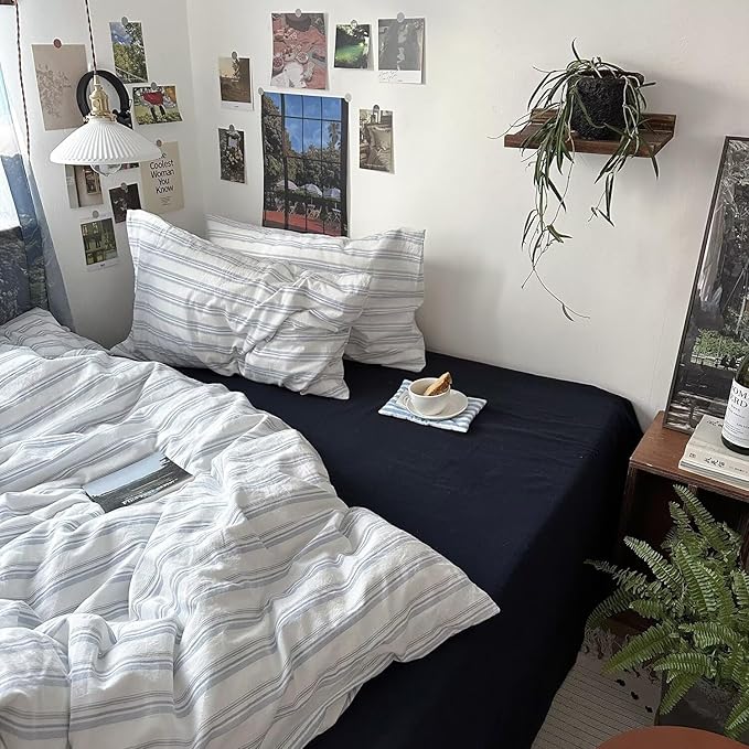 mixinni Vintage Light Blue & White Striped Comforter Set Queen Size - Soft Washed Cotton 3-Piece Bedding Set (1 Comforter + 2 Pillowcases), Retro Geometric Pattern, All-Season Breathable & Fluffy