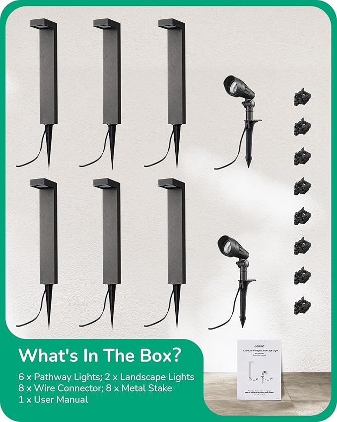 EDISHINE Low Voltage Landscape Lights Kit, 3.2W LED Pathway Lights & 3.2W 240LM Spotlight, 12V Outdoor Landscape Lighting with Connectors, Aluminum Waterproof for Walkway Yard Garden Path