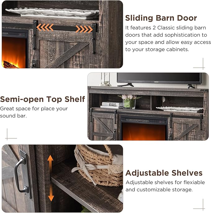 OKD Fireplace TV Stand for 65+ Inch TV, 33" Tall Highboy Farmhouse Entertainment Center w/ 23'' Electric Fireplace, Rustic Media Console w/Sliding Barn Door for Living Room, Dark Rustic Oak