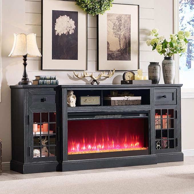 Farmhouse Fireplace TV Stand for 80 Inch TV, Entertainment Center w/ 36'' Electric Fireplace & LED Lights, Mordern Media Console with Storage Drawers & Cabinets for Living Room, Black