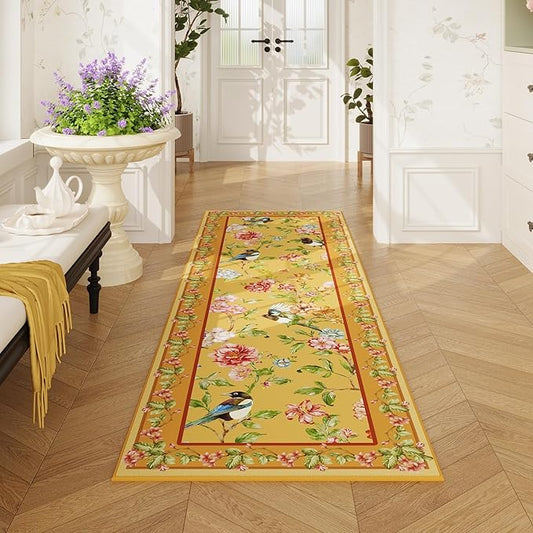 Runner Rug for Kitchen 2'6"x8' Washable Rugs with Rubber Backing Soft Floral Bird Magpies Floral Animal Carpet Runner for Kitchen, Laundry, Bedroom, Bathroom (Yellow)