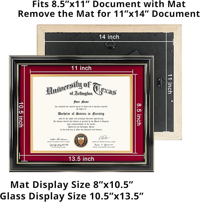 GraduationMall 8.5x11 Diploma Frame with Red over Gold Mat or Display 11x14 Certificate without Mat,Solid Wood & UV Protection Acrylic,Glossy Black Finish with Gold Trim,2 Pack