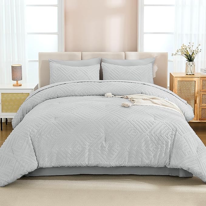 Andency Light Grey Full Size Comforter Set with Sheets - 7 Pieces Bed in a Bag Boho Tufted Bedding Sets Fluffy Lightweight Gray Full Bed Set with Comforter, Sheets, Pillowcases & Shams for All Season
