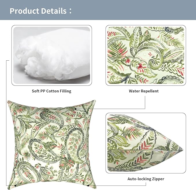 Outdoor Pillows for Patio Furniture 18x18 inch, Square Outdoor Throw Pillows with Inserts, Decorative Toss Pillows for Garden Couch Home Sofa Office Chair, Pack of 2,Faylinn Shadow Paisley