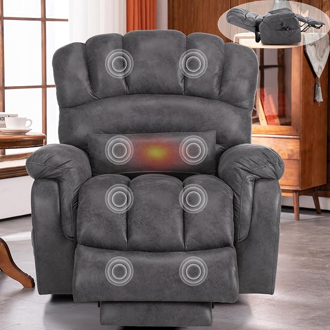 VIVIJASON Tall Man Large Dual Motor Power Lift Recliner Chair with Extended Footrest, Overstuffed Lay Flat Sleeper Electric Recliner W/Heat & Massage, Lumbar Pillow, USB & Type-C Ports, Gray