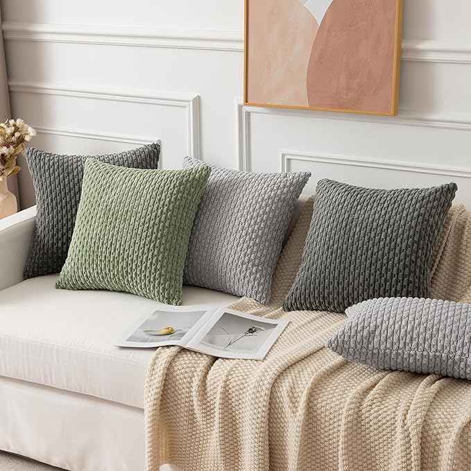 Kevin Textile Set of 2 Super Soft Striped Corduroy Velvet Decorative Euro Throw Pillow Sham Cushion Cover for Bed 20x20 Inch(50cm) Light Grey