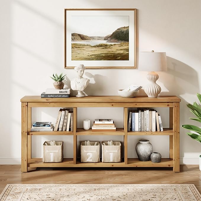 Solid Wood Horizontal Bookcase with Adjustable Shelves, 6 Cubes Storage Organizer Long Bookshelf, Farmhouse Low Cubby Bookcase for Living Room, Home Office, 63 Inches