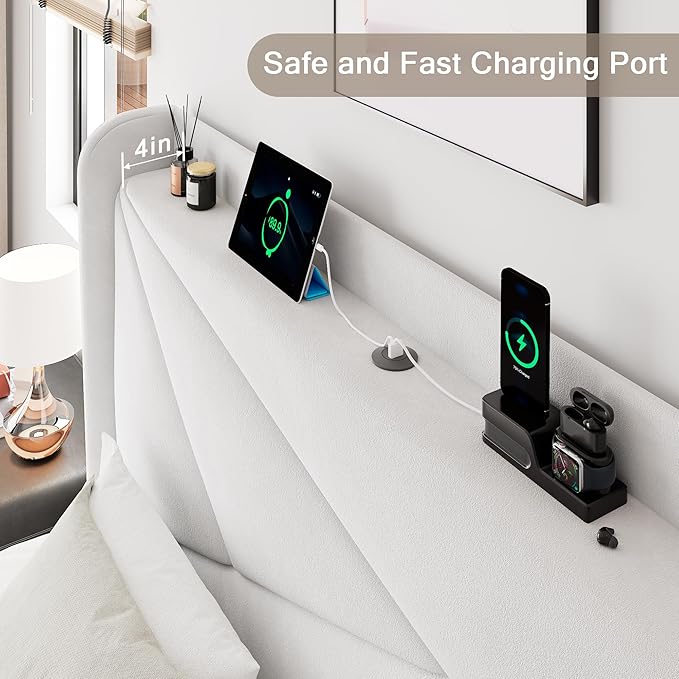 King Size Upholstered Bed Frame with Charging Station, Platform Bed Frame with Storage Headboard, Solid Wood Slats Support, No Box Spring Needed, White