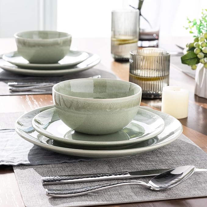 AmorArc Ceramic Dinnerware Sets for 4, 12 Pieces Handpainted Plates and Bowls Set, Scratch Resistant Stoneware Dishes Set, Dishwasher & Microwave Safe, Olive Green