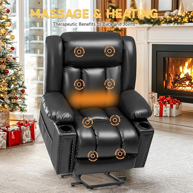 Large Power Lift Chair Recliner for Elderly with Heated and Massage, Overstuffed Adjustable Lift Chair, 3 Position, Breathable Leather, USB-A&USB-C, Cup Holder (Tall Man-7523, Black)