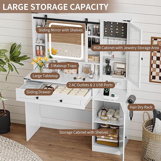 Makeup Vanity Desk with Sliding Mirror and Lights, Farmhouse Vanity Table Set with Power Outlet & RGB Cabinet, Dressing Table with Storage Drawers & Shelves for Kids Girls Women Bedroom, White