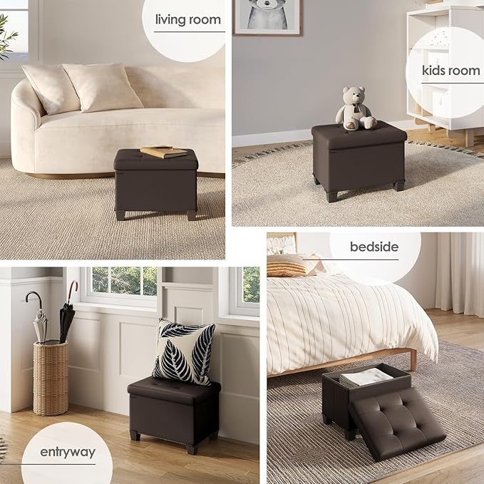 STORAGEBUD Storage Ottoman Cube with Small Bin, 16-in Square Ottoman with Storage for Living Room and Bedroom, Small Ottomans Foot Rest, Faux Leather Foot Stools Ottomans Max 330lbs, Brown