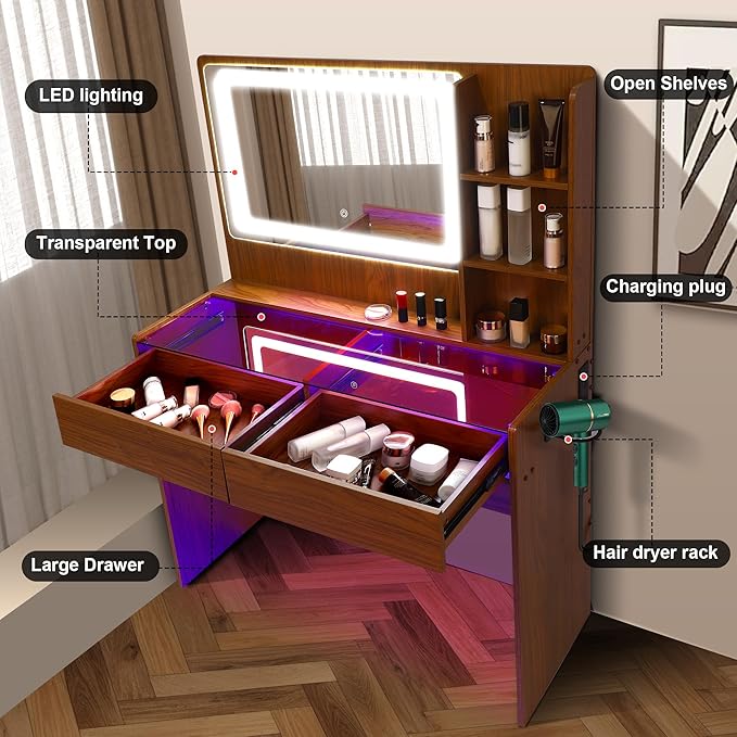 Vanity Desk，Transparent Desktop, Multiple Color Ambient Lights, with Mirror and Tri Color Light Strip, Dressing Table with Charging Station, Equipped with 2 Drawers, Peach Colored