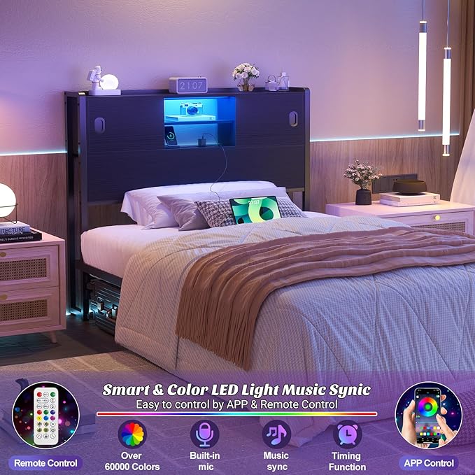 Homieasy Headboard for Twin Size Bed with Storage, Sturdy Bookcase Headboards with Outlet, USB & LED Light, Twin Size Headboard Only, Head Board with Sliding Doors & Bed Adapter for Bedroom, Black